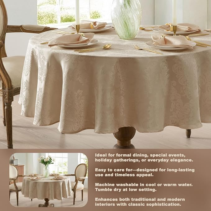 Newbridge Barcelona Luxury Damask Fabric Tablecloth, 90” Round, 100% Polyester - Image 3