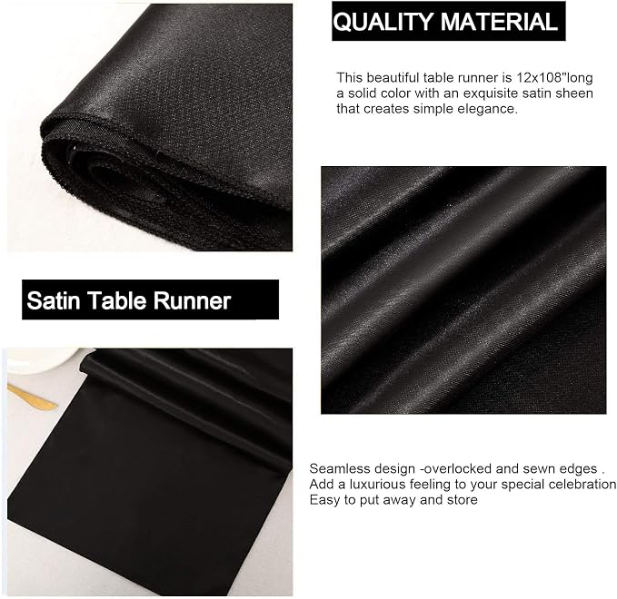 5 Pcs Black Satin Table Runners 12x108 inch Bright Satin Silk Fabric | Smooth - Image 6
