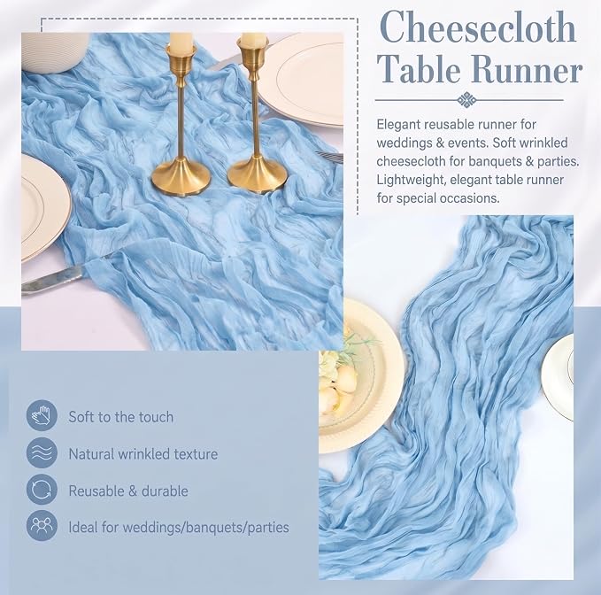 2 Pack Light Blue Cheesecloth Table Runner 17x108 Inch Boho Rustic Semi Sheer - Image 5