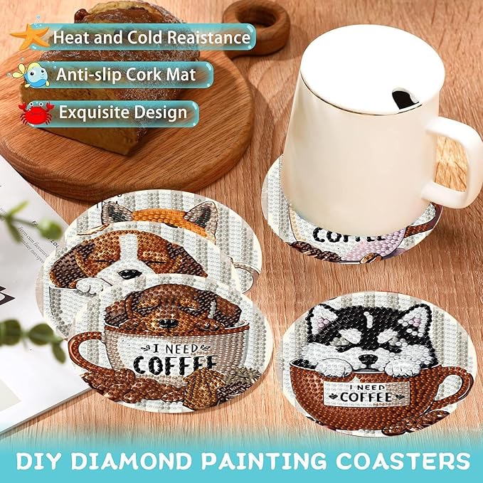 Ekuxom 8 Pcs Coffee Dog Diamond Art Coasters Kits - Image 3