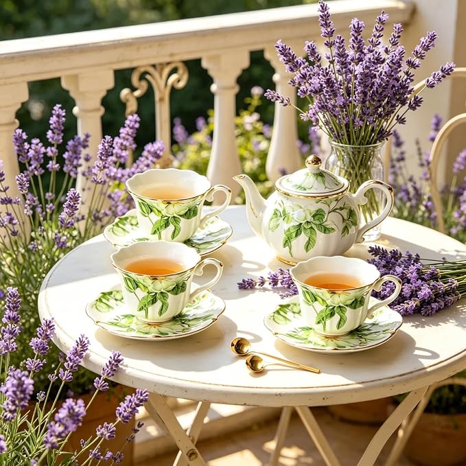 Vintage Porcelain Floral Tea Set — 22oz Teapot + 2 Tea Cup & Saucer Sets + 2 - Image 6
