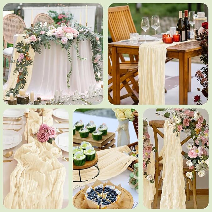 Cheesecloth Table Runner 10FT 6Pcs Beige Boho Gauze Rustic Sheer Runners | - Image 7
