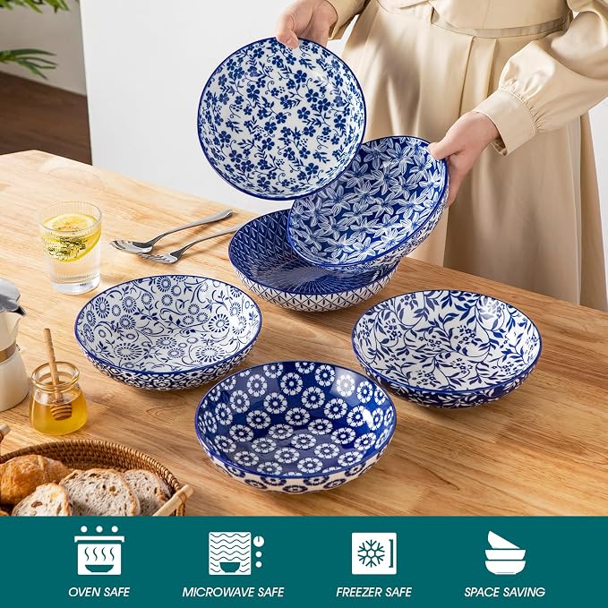 vancasso Selene 8.5" Pasta Bowls Set of 6, 40 oz Porcelain Shallow Salad Bowls - Image 4