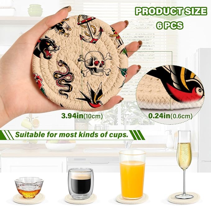 YETTASBIN Old School Tattoo 6 Pcs Drink Coasters - Image 3