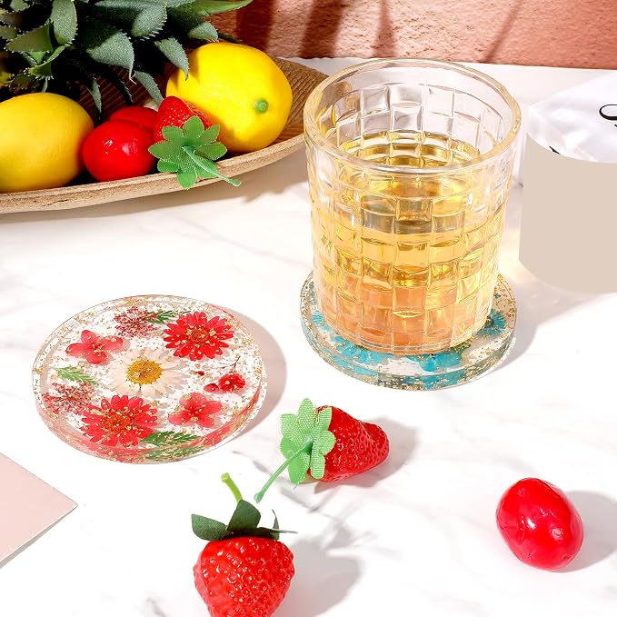 Amabro Dried Flower Drink Coasters, Floral Resin Drink Cup Mat Set of 2 - Image 2