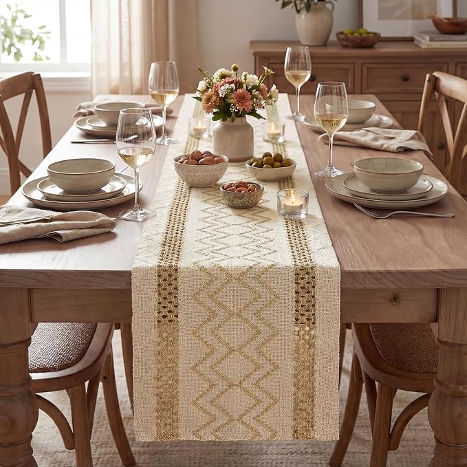 Artoid Mode Burlap Brown Stripe Diamond Woven Table Runner 12x90 Inch | Holiday - Image 2