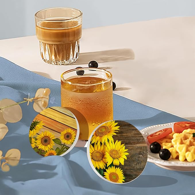 Table Coaster for Drinks Set of 6, Vintage Sunflower Wood Round Ceramic Coasters - Image 7