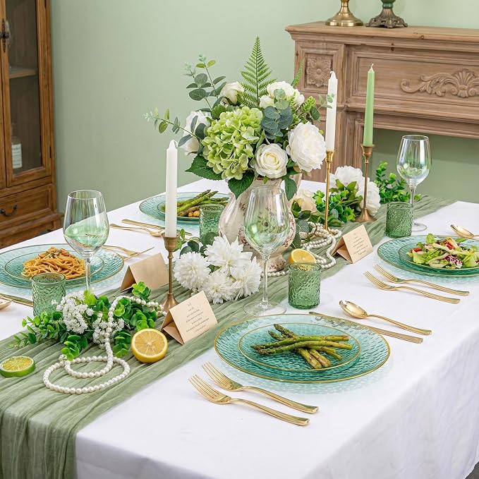 Rubtlamp 60 Green Plastic Plates, Hammered Clear and Gold Disposable Plates - Image 3