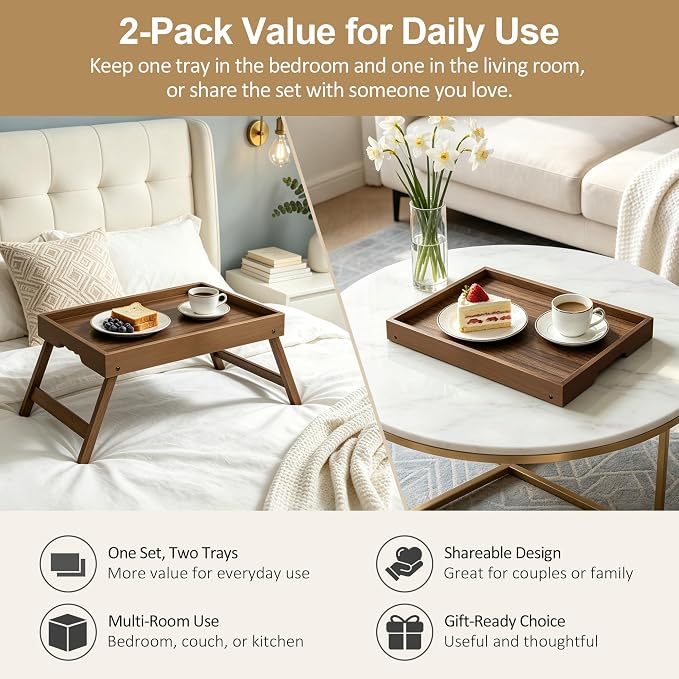 Bamboo Breakfast Trays with Folding Legs, Walnut | Set of 2 large bamboo bed - Image 3