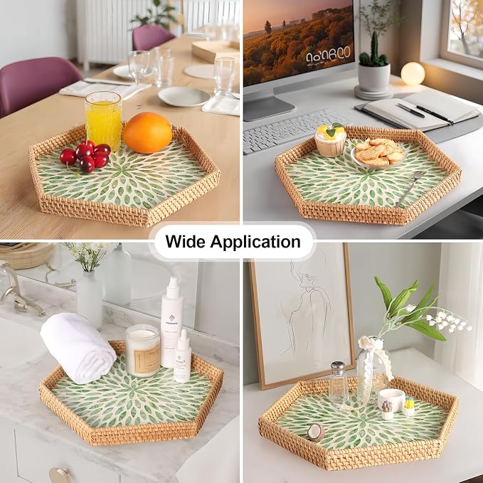 Hexagon Rattan Tray with Mother of Pearl Inlay, Rattan Serving Tray - Image 4