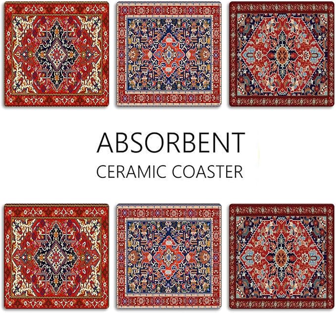 Geometric Coasters for Drinks, Ceramic Stone | Tribal Absorbent Square Table Mat - Image 6