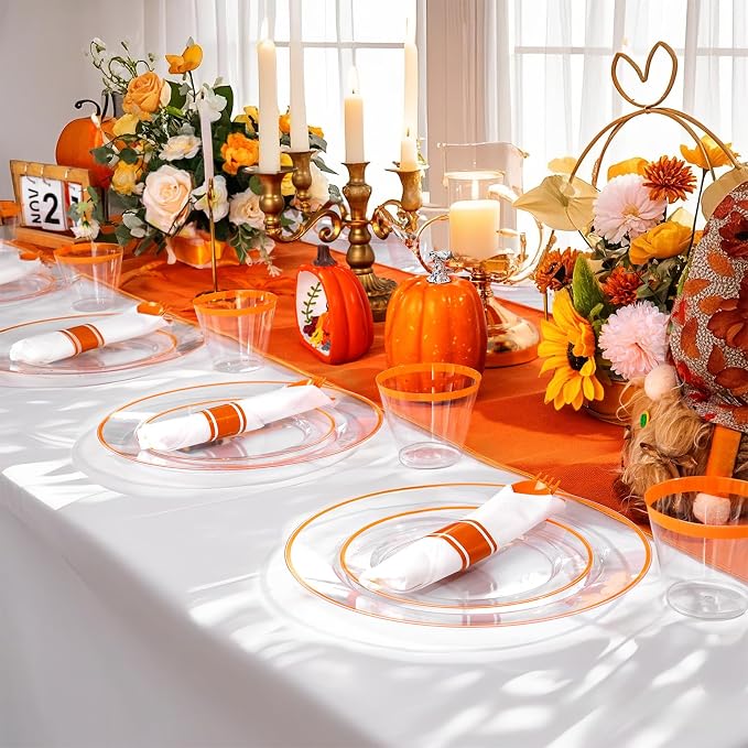 SUT 350Pcs Orange and Clear Plastic Dinnerware Set - Image 5
