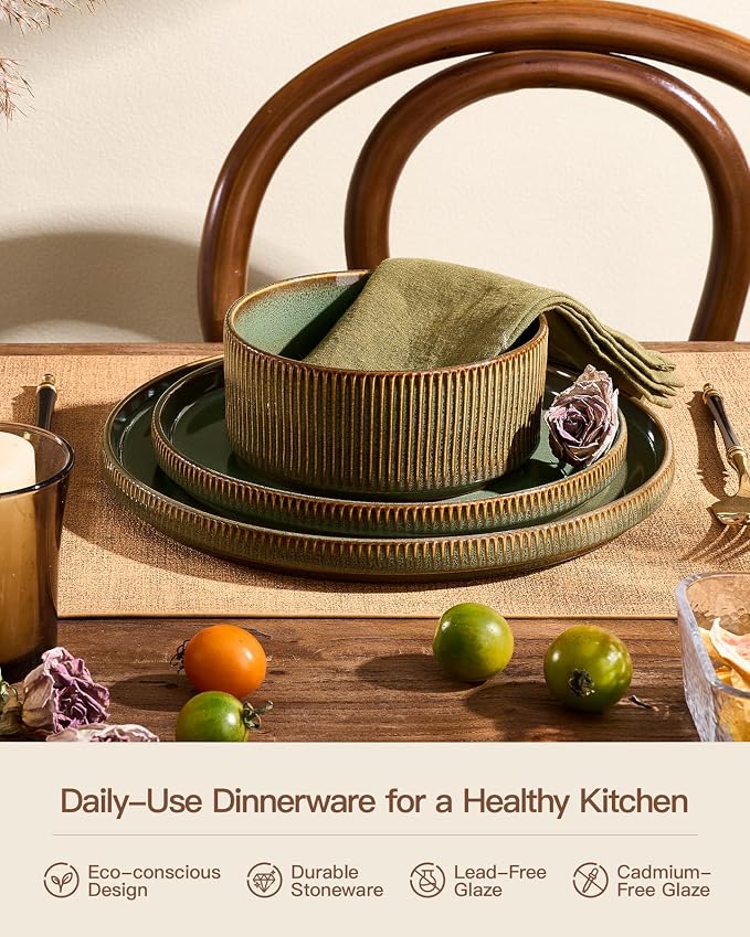 Stoneware Dinnerware Set for 4, Reactive Glaze, Moss Green | 12-Piece Everyday - Image 5