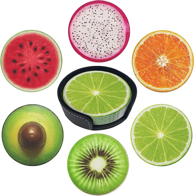 Fruit Coasters Leather Round Drink Coasters 6 Pcs Set by Yopiiefa