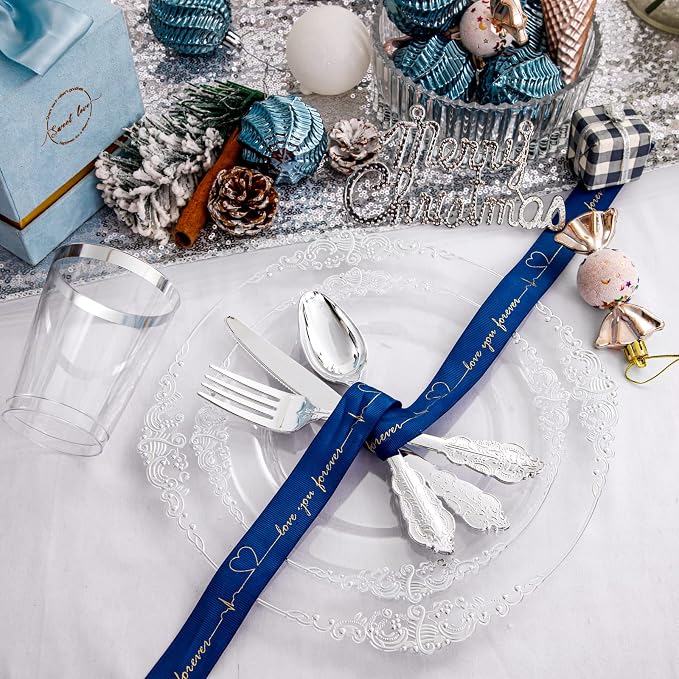 Morejoy 350PCS Clear Silver Plastic Plates - Image 3