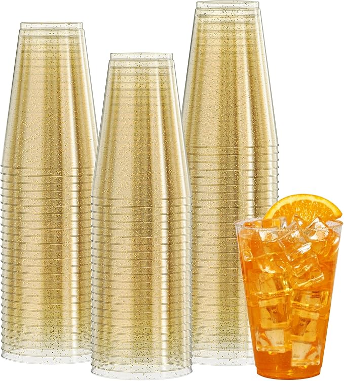 Vplus 100 Pack 14 OZ Gold Glitter Disposable Plastic Cups Glasses by Vplus