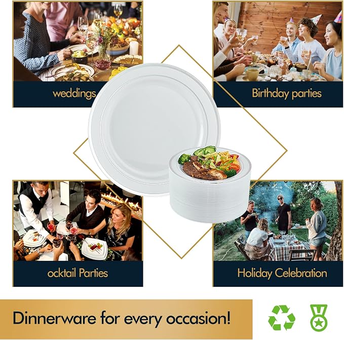 Vplus 100 Pack 10in Silver Rimmed White Disposable Plastic Plates - Image 5
