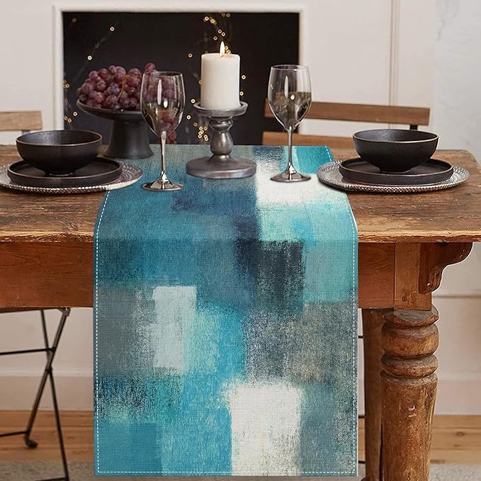 Emvency Table Runner, 13x90 Inch, Abstract Modern Farmhouse | Teal Grey Dining by Emvency