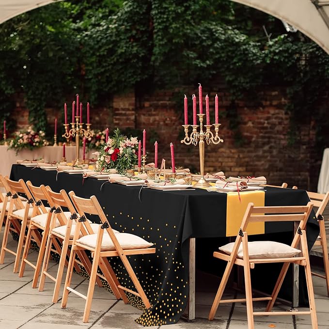 8Pack Disposable Plastic Tablecloths and Satin Table Runner Set Black Gold Dot - Image 6