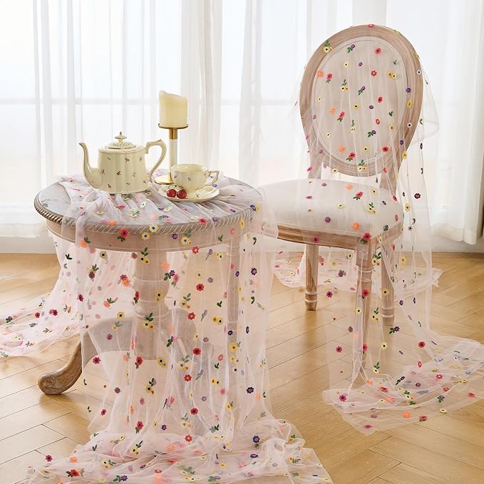 BINBE 1pcs Pink Daisy Spring Table Runner Embroidery Gauze 10FT Florals - Image 5