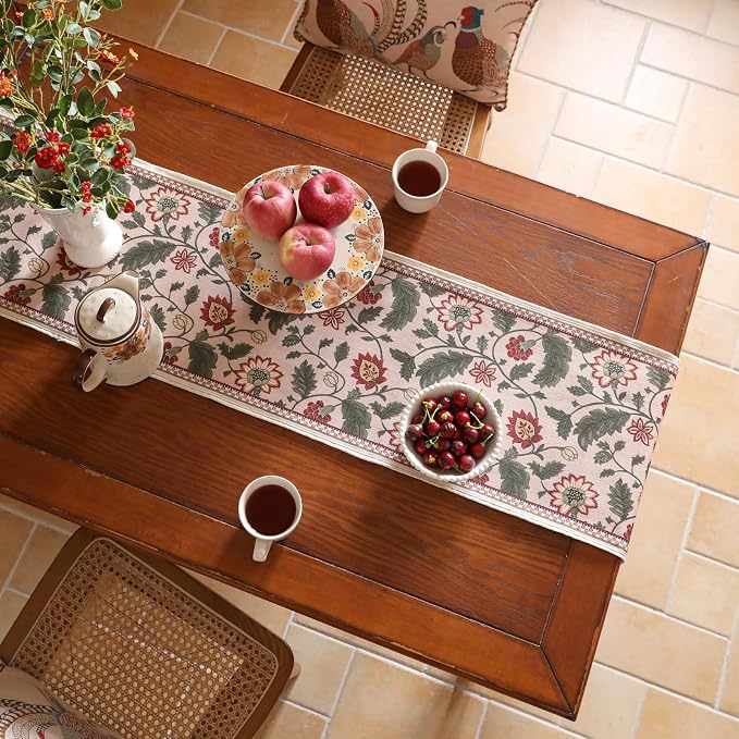 Designer Vintage Linen Extra Long Table Runner, Floral Leave Pattern, Dining - Image 8