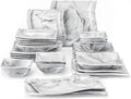 MALACASA 26-Piece Marble Grey Square Dinnerware Sets, Flora Porcelain Dinner Set by MALACASA