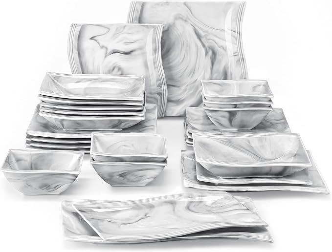 MALACASA 26-Piece Marble Grey Square Dinnerware Sets, Flora Porcelain Dinner Set by MALACASA