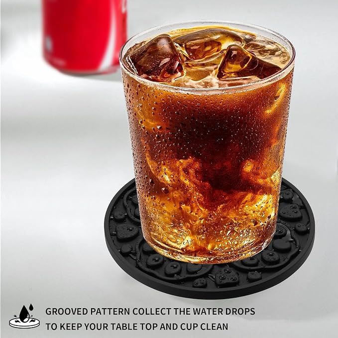 Black Silicone Coasters with Holder, 4 Inch Modern Non-Slip Drink Coasters Set - Image 4