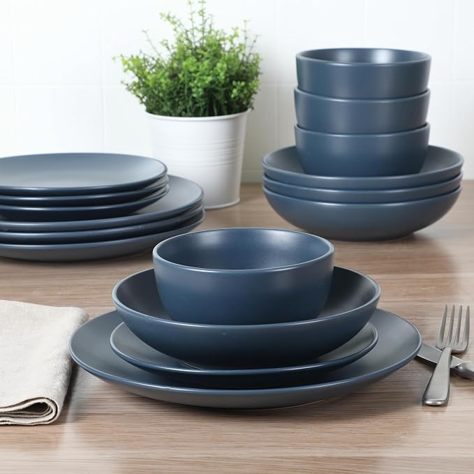 Gibson Home Queenslane 16-Piece Matte Blue Stoneware Dinnerware Set – Double - Image 4