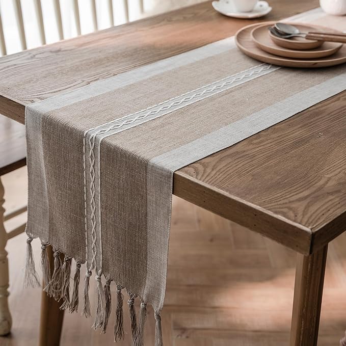Farmhouse Table Runner, Embroidered Striped Braided Coffee Boho Table Runner - Image 5