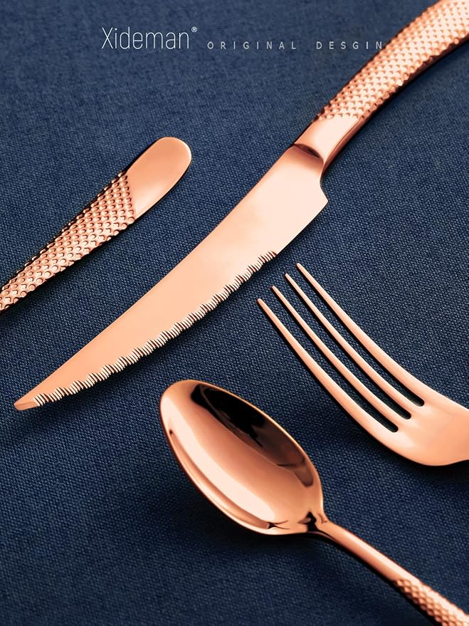 16-Pc Modern Copper Hammered 18/10 Stainless Steel Silverware Set | Ultra Sharp - Image 7