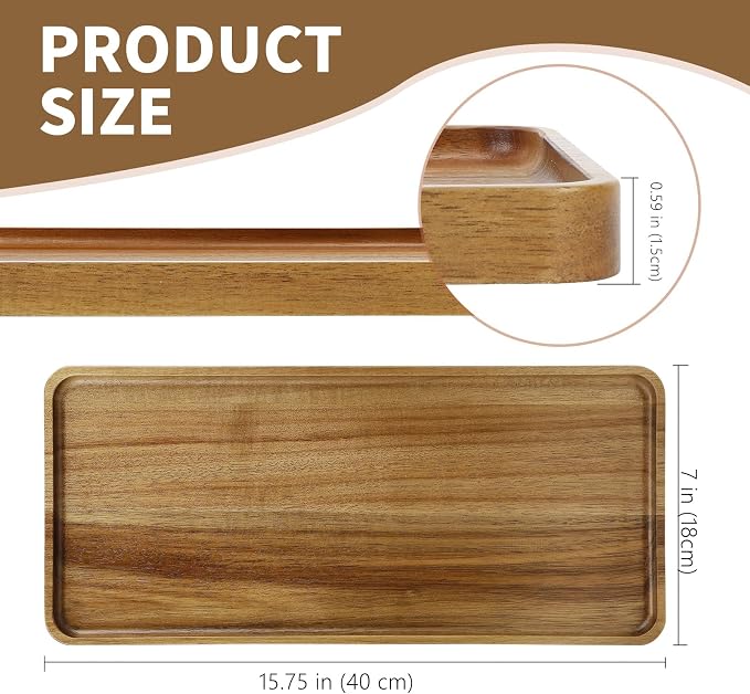 2 pcs15.7" x 7" Large Solid Acacia Wood Serving Tray Rectangular Wooden Serving - Image 2