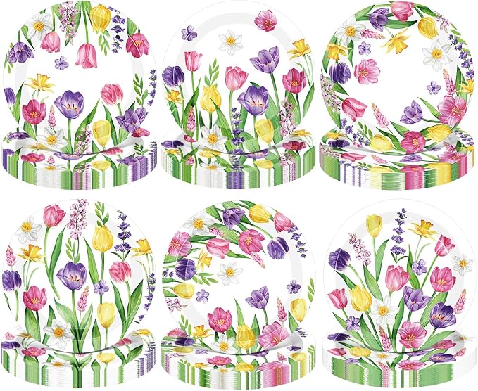 120 Pcs Spring Floral Paper Plate 7 Inch Floral Party Plate Tulip Paper Plates by Umigy