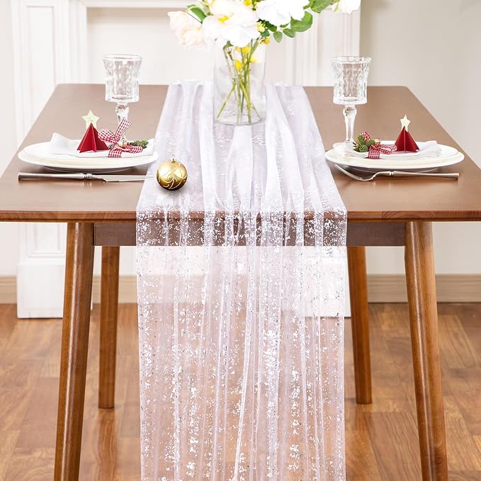 SiinvdaBZX White Silver Sheer Tulle Table Runner 120 Inch/10 Ft Long | Gauze - Image 3