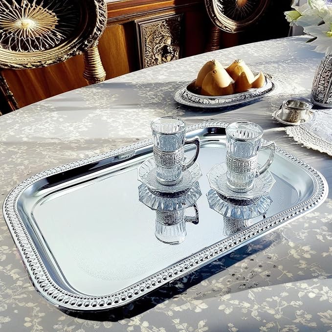Elegant Floral Engraved Serving Tray Chrome Plated Steel Plate Platter - Image 2