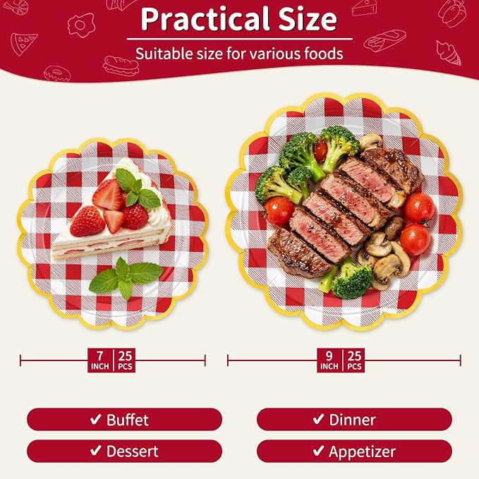 50 Pcs Red Gingham Paper Plates Disposable, Dessert Cake Plates, - Image 2
