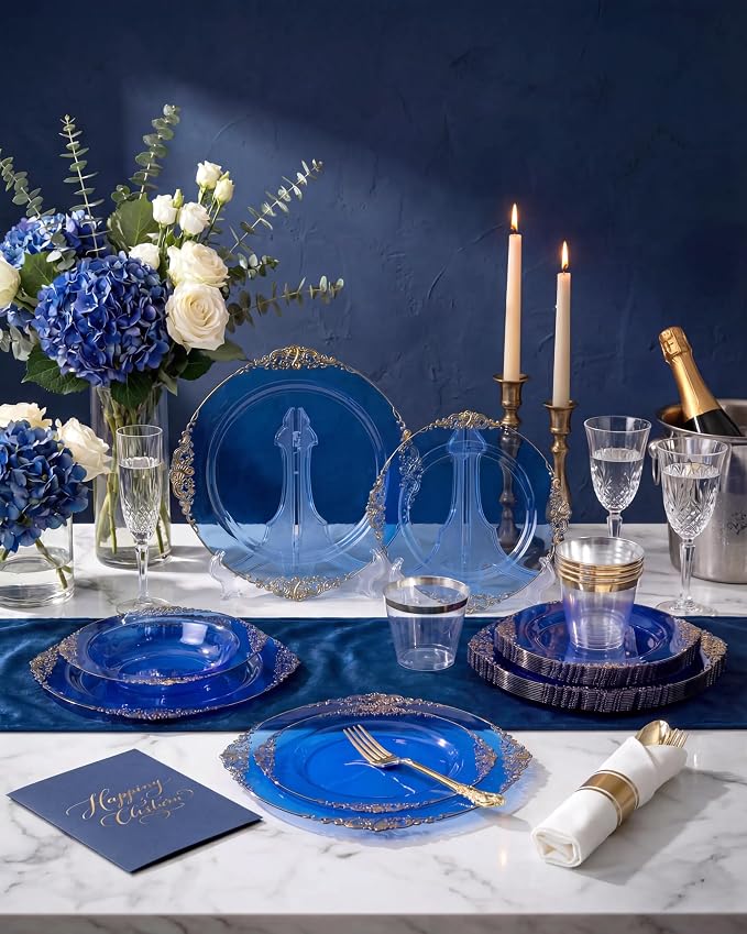 Nervure 350Pcs Blue Plastic Plates, Disposable Dinnerware Set - Image 8