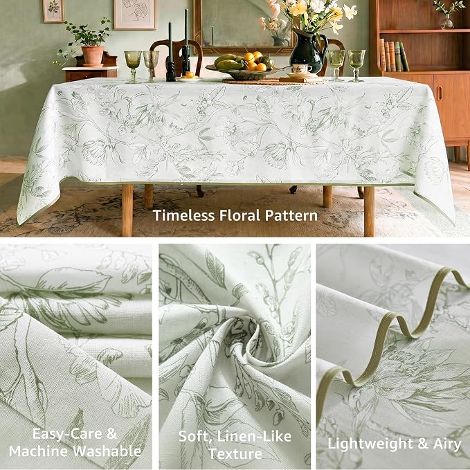 jinchan Green Floral Linen Rectangle Table Cloth 50 x 84 Inch | Natural - Image 3