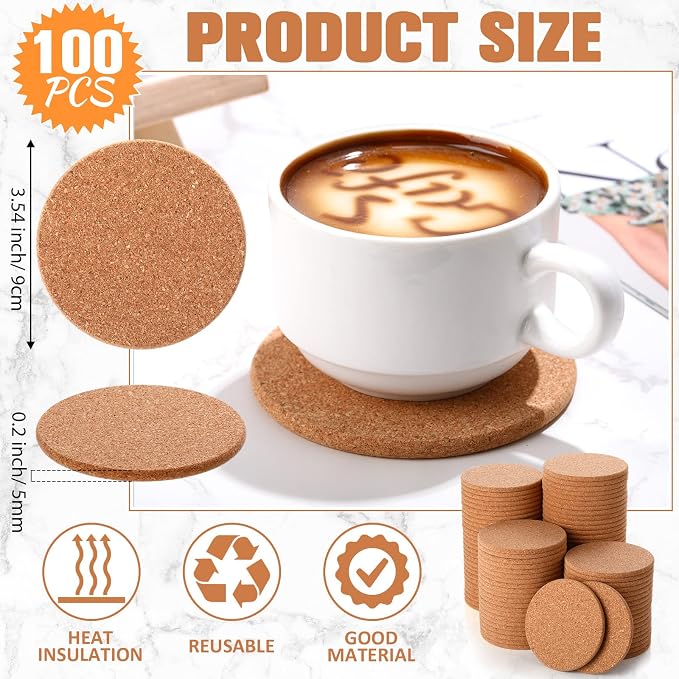 Lallisa 100 Pcs Cork Coasters for Drinks, Thick Absorbent Cork Coasters Bulk - Image 2