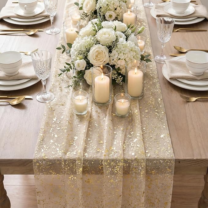 Artoid Mode Gold Gauze Champagne Table Runner 120 Inch 10FT, Glitter Metallic - Image 5