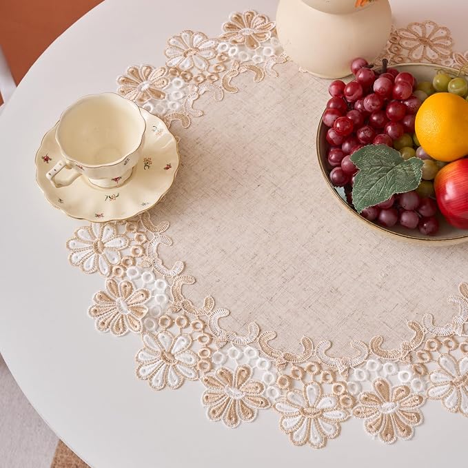 European Antique Jacquard Lace Table Doilies, Small Farmhouse Linen Embroidered - Image 6