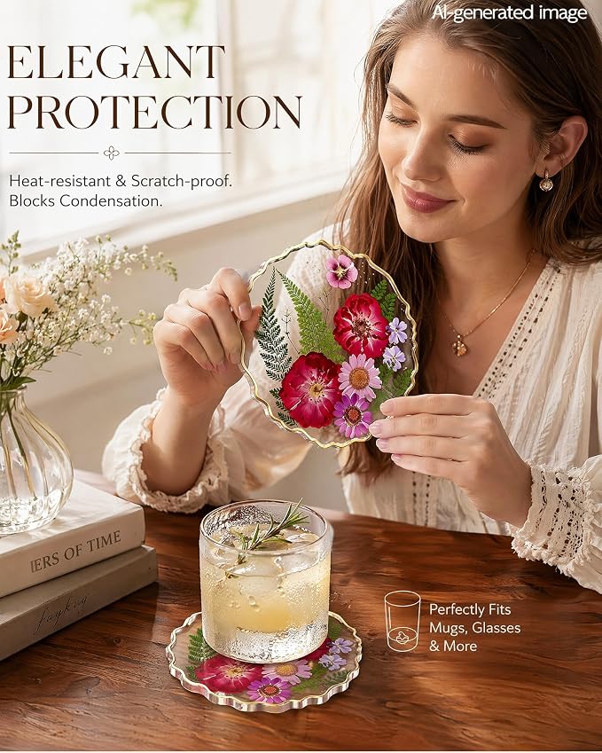 Dried Flower Coaster, Cute Acrylic Drink Cup Mat - Image 3