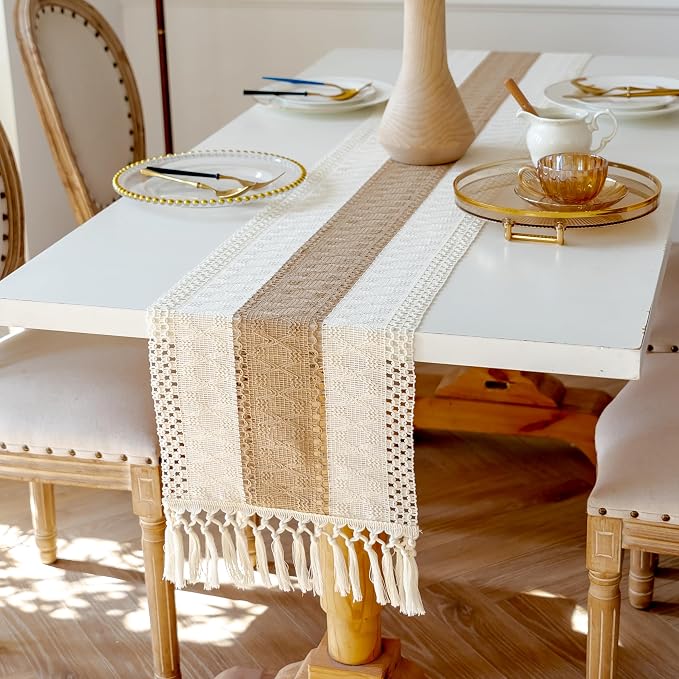 EMMTEEY Boho Table Runner with Tassels 72 Inches Long, Cream Brown | Handmade - Image 4