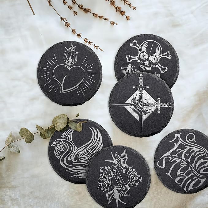 4 PCS Round Slate Drink Coasters Set, SIJDIEE 4 Inch Laser Engraving Black - Image 3