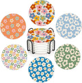 Drink Coasters Set of 6 with Holder, Vintage Groovy Flowers Absorbent Ceramic by Unknown
