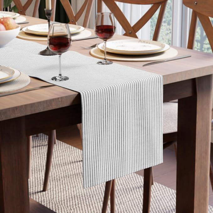 Encasa XO Table Runner, Woven Cotton Dining Runner 13"x72" | Ticking Black by EncasaXO