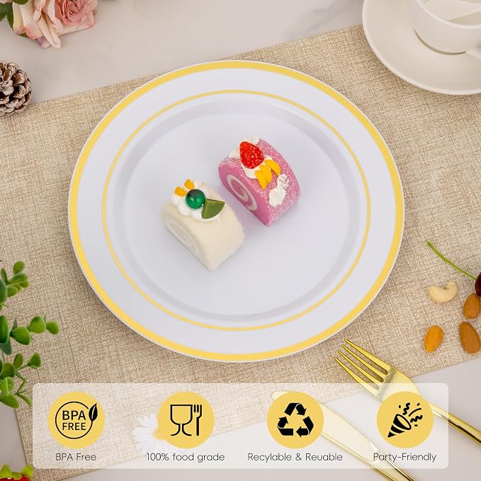 100 Pack 10.25 Inch Gold Rim Plastic Dinner Plates | Heavy Duty Disposable - Image 3