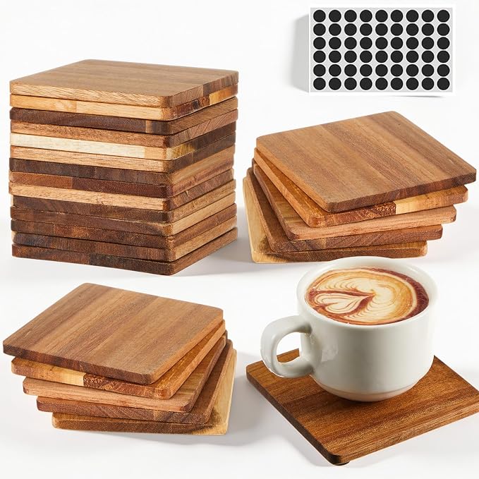 24 Pcs Unfinished Acacia Wood Coasters Bulk, 4 Inch Square Wooden Coasters by Ferrochef