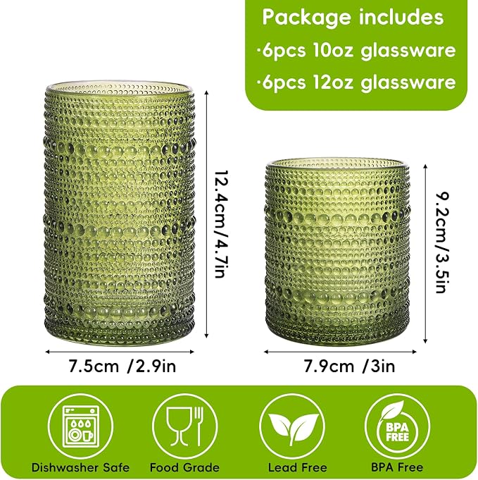 Moretoes Vintage Hobnail Drinking Glasses Set of 12, Whisky and Other Beverages - Image 3