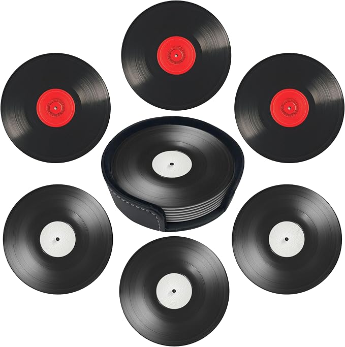 Record Coasters Leather Round Drink Coasters 6 Pcs Set by Yopiiefa